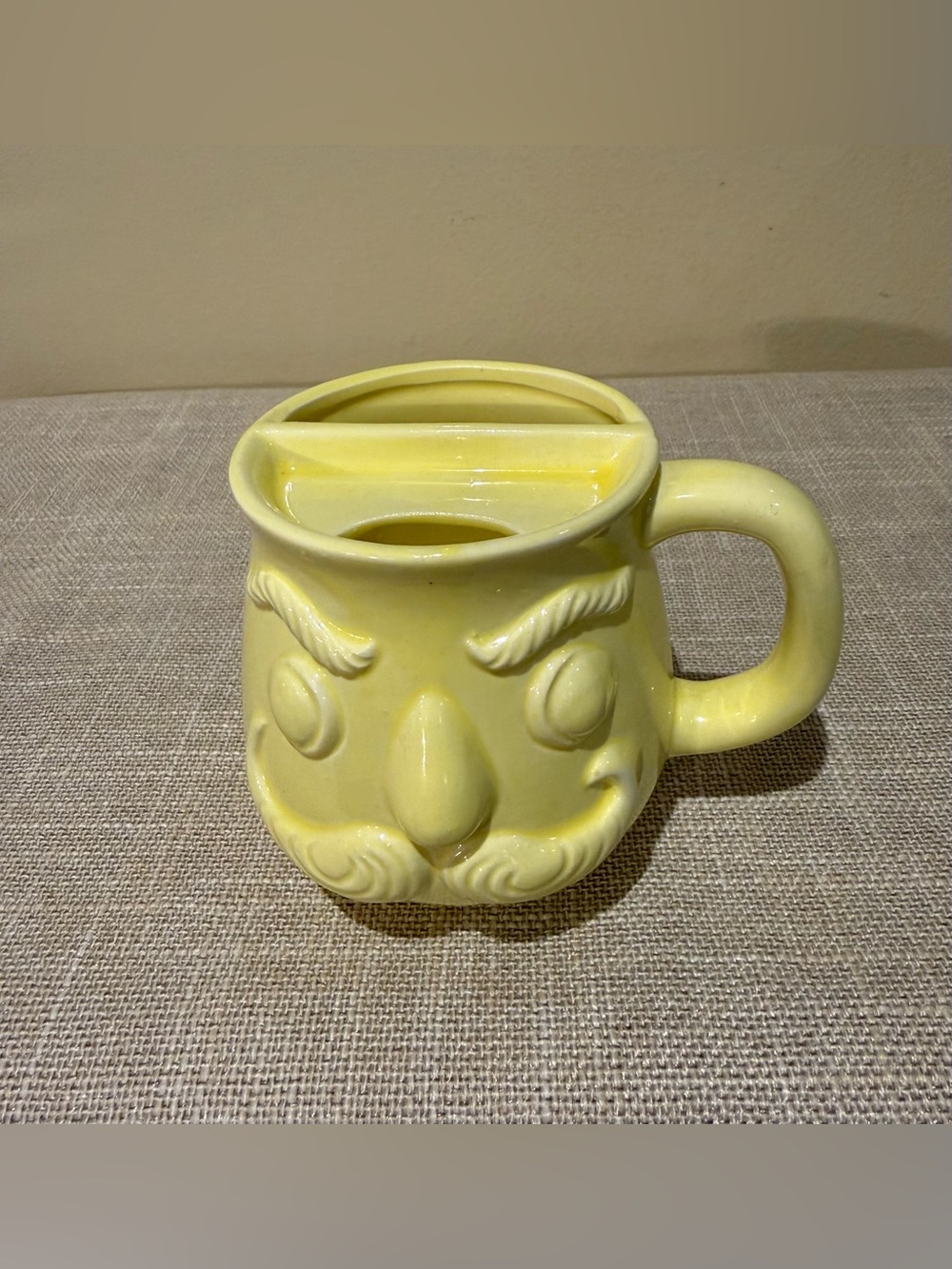 Vtg 70s Yellow Mustache Face Mug Japan Ceramic Funny Face Mustache Guard Cup